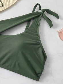 Sexy One Shoulder Bikini Set, Summer Beach Two Pieces Bathing Suit - Army Green - View 3