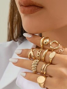 Conjunto de 10 anillos entrelazados exagerados con diseño geométrico - Dorado - Ver 2