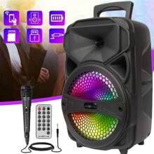 Dazone Portable Bluetooth Speaker 8" Subwoofer Wireless Speaker With Microphone, USB Rechargeable Heavy Bass Sound LED Party PA System AUX FM Remote Control LED Light Handle - Black - View 9