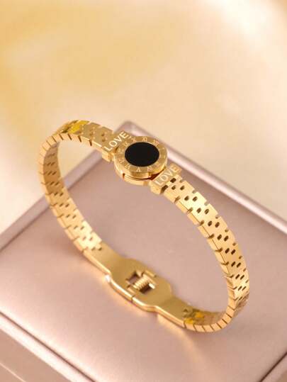 羅馬數字黑貝殼愛心金色女士手鍊,日常通用不鏽鋼珠寶