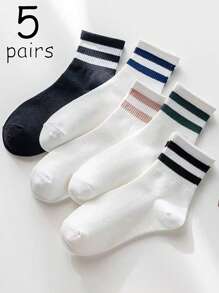5 Pairs Women's Simple Style Double-Bar Fashion Mid-Calf Socks For All Seasons, Fall - Multicolor - View 1