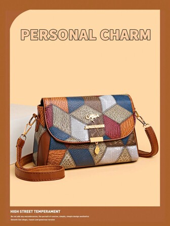 Crossbody-väska med stor kapacitet, dekorerad med diamantruttyg i kontrast, lämplig för daglig användning för kvinnor