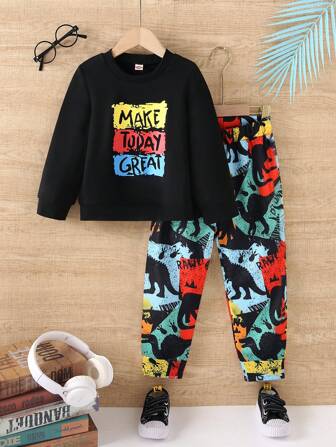 男孩彩色字母長袖運動衫+迷彩恐龍印花運動長褲套裝，秋冬季