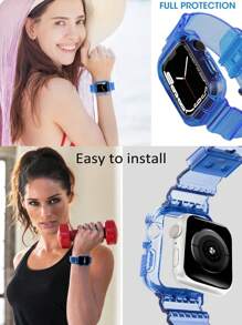 2 In 1 Crystal Clear Sport Band With Bumper Case Compatible With Apple Watch Band 38/40/41/42/44/45/46/49mm,Jelly Sports Protective Replacement Wristband Strap Compatible With IWatch 11/10/9/8/7/6/5/4/3/2/1/SE Ultra Women Man No Screen Not Included Watch - Blue - View 6