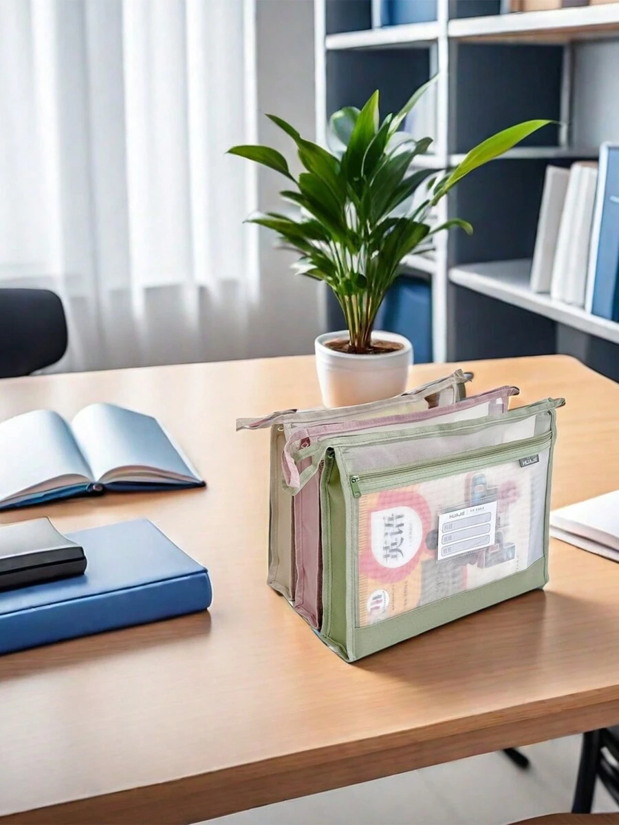 1 件透明 A4 网格文件袋 拉链双层手提包 学生专用科目分类收纳袋 户外旅行洗漱包 文件整理袋 - 彩色 - 查看 1