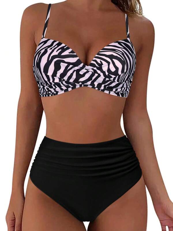 Costume da bagno bikini imbottito sexy, con motivo floreale casuale, abbigliamento da spiaggia per donna
