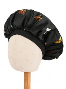 Awegeo 1pc Children's Bonnet Hat With Butterfly Print, Wide Brim, Elastic, Smooth & Silky Texture, Fashionable Sleep Cap, Casual, Comfortable, Soft, Breathable, Hair Protecting Cap