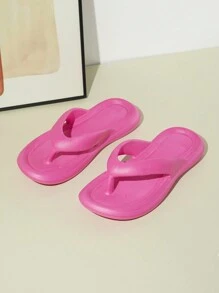 Chancletas rosa fuerte Eva para mujer, zapatillas planas de punta abierta suaves y antideslizantes para dormitorio y baño, sandalias planas tipo slide moldeado en una sola pieza, estilo casual y de vacaciones de playa de moda, verano - Rosa Fucsia - Ver 3