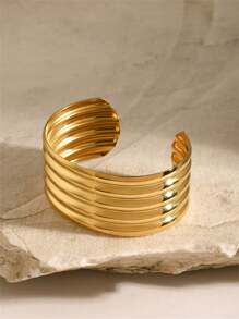 Uworld 1 Piece 306 Stainless Steel 18K Gold Plated Punk Funky Stripe Wide Face Open Bangles Women's Minimalist High Quality Hand Decoration Daily Wearing
