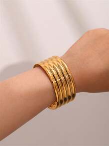 Uworld 1 Piece 306 Stainless Steel 18K Gold Plated Punk Funky Stripe Wide Face Open Bangles Women's Minimalist High Quality Hand Decoration Daily Wearing