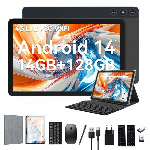 2024 Última Android 14 Tablet 10 pulgadas,4G LTE Tablets Con 2 SIM 1 ranura SD,5G Wifi Tablet PC Con 14GB+128GB(1TBTF),3-en-1 Tablet Con Teclado Ratón-Octa-core,1080FHD,13MP+8MP,7000mAh,Type-C/GPS/OTG-
