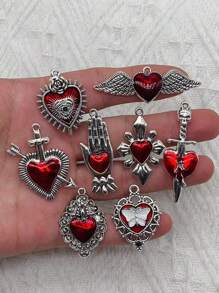 10pcs Mixed Silver Plated Enamel New Gothic Style Sacred Heart Alloy Pendant DIY Charms Earrings Necklace Jewelry Crafts Making - A - View 12