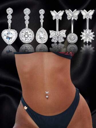 1入光環奢華性感鑽石鑲嵌蝴蝶圓形腹部環玫瑰金臍釘女性穿孔身體首飾禮物，適合日常穿著