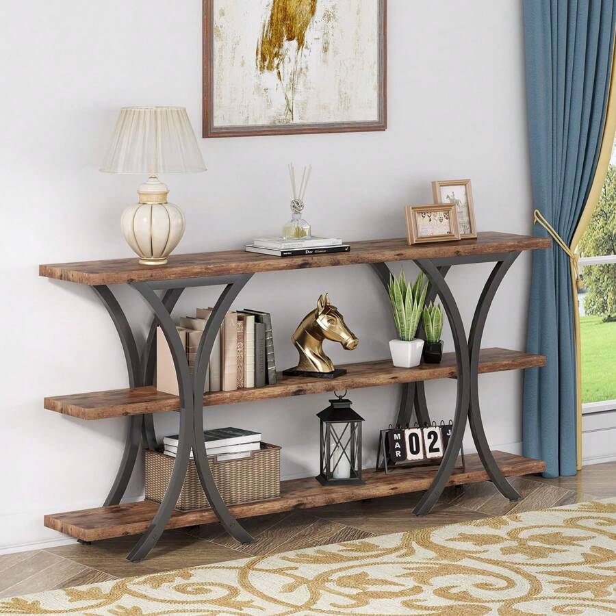 LITTLE TREE 70.8 Inch Console Table, Narrow Long Sofa Table Entryway Table With 3 Tier Storage Shelves For Living Room Entrance Hallway - Rustic Brown - View 1