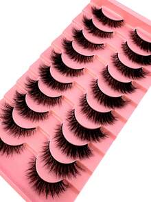 HBZGTLAD 10對毛茸茸貓眼3D天然假睫毛，水貂睫毛，柔軟交叉設計，附睫毛筆，適用於自然濃密眼妝延伸