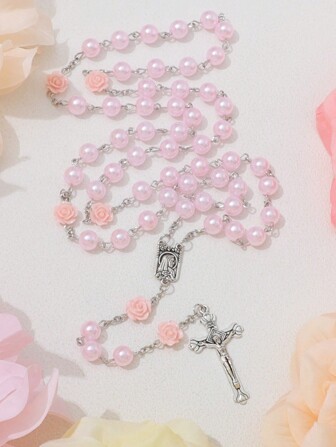 1 件珍珠玫瑰项链、圣母玛利亚和耶稣基督吊坠