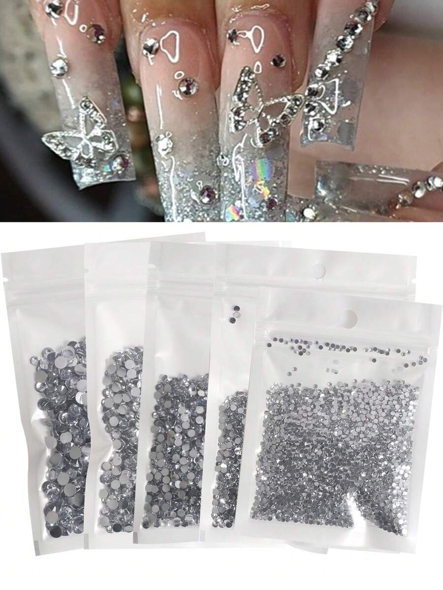 Suministros para uñas para hacer bricolaje con diamante acrílico de color blanco claro, diamantes de plástico de fondo plano, piedras preciosas de colores para uñas de arte, accesorios de de uñas con diamantes de imitación, joyas, 10000pcs / 5000pcs / 4000pcs / 2500pcs / 1000pcs son adecuados para ropa, tela, madera, - transparente - Ver 1