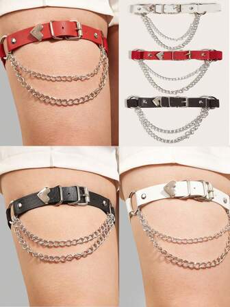 1pc Women's Black/Red/White Metal Chain Heart Leg Garter, Fashion Gothic Punk Thigh Harness Suitable For Daily Use