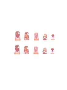 24 piezas  de uñas postizas de alta calidad de media longitud de pico de pato con mariposas, flores rosas y perlas en 3D, dulces y frescas. Adecuadas para uso diario de mujeres y niñas. Artículos de suministros de uñas - Amarillo - Ver 4