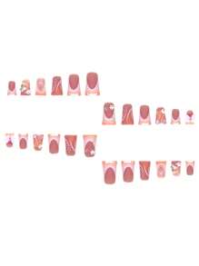 24 piezas  de uñas postizas de alta calidad de media longitud de pico de pato con mariposas, flores rosas y perlas en 3D, dulces y frescas. Adecuadas para uso diario de mujeres y niñas. Artículos de suministros de uñas - Amarillo - Ver 3