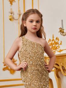 Tween Girl One Shoulder Glitter Mermaid Party Dress With Open Back - Champagne - View 6