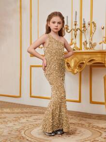 Tween Girl One Shoulder Glitter Mermaid Party Dress With Open Back - Champagne - View 5