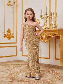Tween Girl One Shoulder Glitter Mermaid Party Dress With Open Back - Champagne - View 3