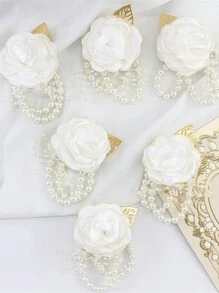 6 قطع/1 قطعة وردة زهرية مزيفة لمعصم العروس والوصيفات، ديكورات حفل الزفاف، اكسسوارات عيد الحب - أبيض - مشاهدة 2