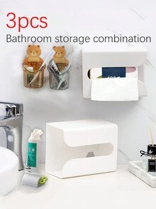 Juego de 3 accesorios de baño, de material plástico, que incluye portacepillos de dientes, dispensador de pasta de dientes, caja de pañuelos montada en la pared, caja de pañuelos autoadhesiva y extraíble, ahorro de espacio, impermeable. - Multicolor - Ver 4