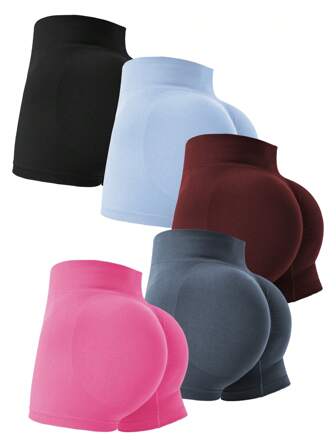 5 件女式无缝瑜伽短裤，高腰弹力，吸湿排汗，蜜桃色增强，日常运动短裤女式平角短裤