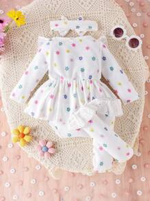 1pc Baby Girls' Cute Printed Long Sleeve Bodysuit+Headband+Socks Set, Thin Style For Spring & Autumn - White - View 2