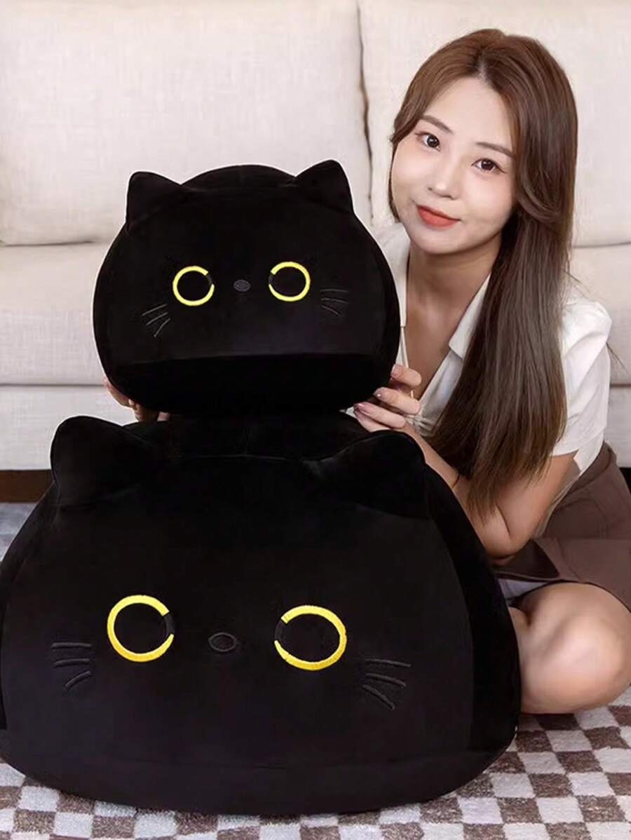 1 Pieza Lindo Gato Negro Muñeco De Peluche Relleno Animal De Peluche De Dibujos Animados Suave Almohada De Juguete - Negro - Ver 1