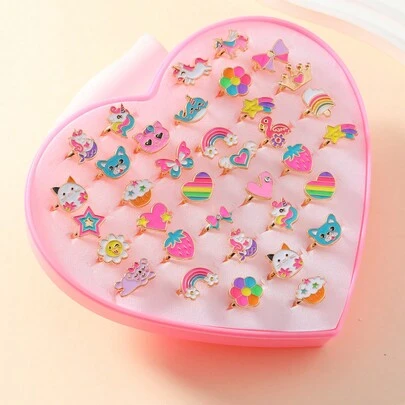 36ชิ้น/ชุด แหวนปรับขนาดได้ อัลลอย ลายสัตว์, รุ้ง, มงกุฎ และเคลือบน้ำมันหยด สำหรับเด็กผู้หญิง