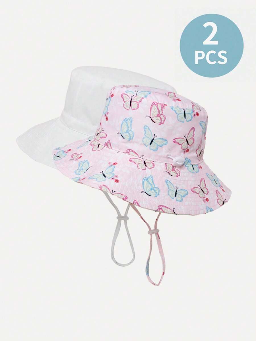 2pcs Kids Solid Color And Butterfly Print Adjustable Sun Protection Breathable Casual Bucket Hats For Outdoor Travel And Daily Use - Multicolor - View 1