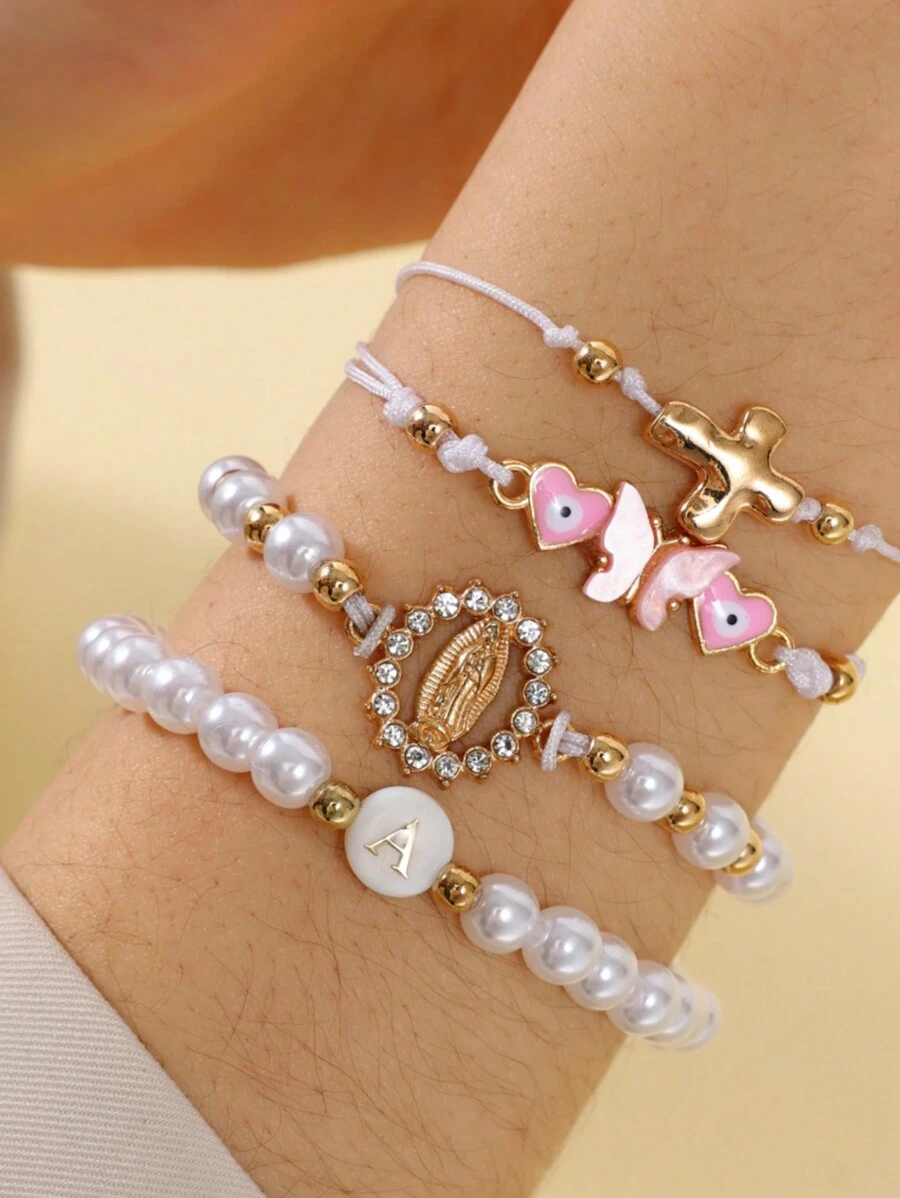 Juego de pulseras con la Virgen María, pulsera con cruz y perlas de imitación CCB, elemento múltiple, pulsera de pareja para uso diario, regalo de cumpleaños y festivo - conjunto de pulsera - Ver 1