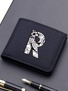 1 件时尚钱包，方便的黑色帆布卡夹，时尚 26 字母双折短钱包