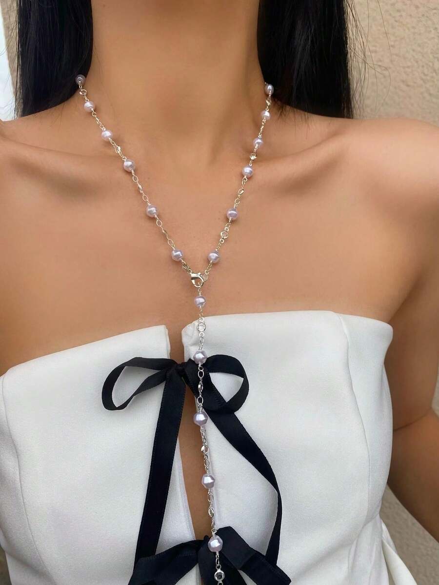 1入假珍珠&鋯石镶嵌長項鍊，Y形鍊條裝飾配件，適用於派對、音樂節、會議和假期活動（金色/銀色） - 銀色 - 查看 1