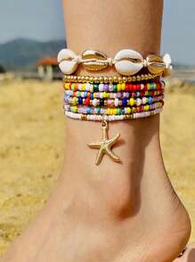 Un nuevo conjunto de 5 collares, 7 pulseras y 7 tobillos con cuentas de conchas y estilo bohemio de vacaciones, con colgantes de estrella de mar y combinación de cuentas de arcilla polimérica, adecuado para el uso diario de la mujer