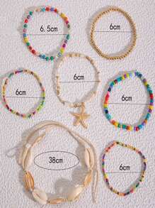 Un nuevo conjunto de 5 collares, 7 pulseras y 7 tobillos con cuentas de conchas y estilo bohemio de vacaciones, con colgantes de estrella de mar y combinación de cuentas de arcilla polimérica, adecuado para el uso diario de la mujer