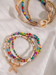 Un nuevo conjunto de 5 collares, 7 pulseras y 7 tobillos con cuentas de conchas y estilo bohemio de vacaciones, con colgantes de estrella de mar y combinación de cuentas de arcilla polimérica, adecuado para el uso diario de la mujer
