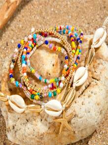 Un nuevo conjunto de 5 collares, 7 pulseras y 7 tobillos con cuentas de conchas y estilo bohemio de vacaciones, con colgantes de estrella de mar y combinación de cuentas de arcilla polimérica, adecuado para el uso diario de la mujer