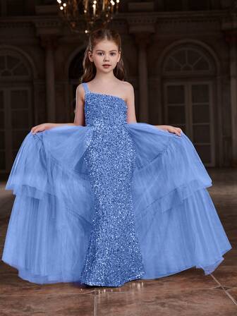Tween Girl Single-Shoulder Floor-Length Sequin Evening Dress With Layered Tulle Skirt & Fitted Silhouette – Elegant & Glamorous For Weddings, Galas, Or Cocktail Parties