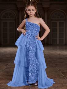 Elegant Sleeveless Sequin Floor-Length Evening Dress, Multi-Layer Chiffon Skirt, Fitted Silhouette - Charming And Suitable For Weddings, Galas - Baby Blue - View 5