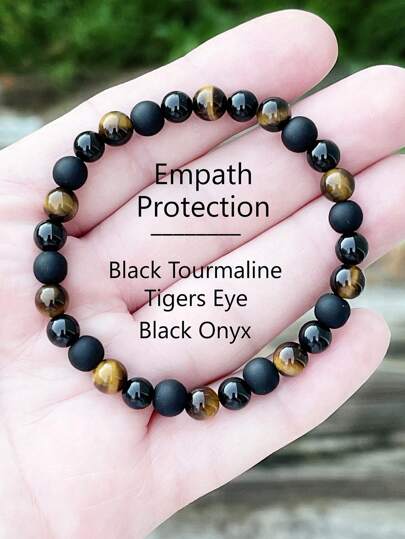 YAUKIA Pulsera de triple protección de 6mm, cuentas de ojo de tigre, hematita y turmalina negra, poderosa piedra preciosa protectora, limpia energía negativa