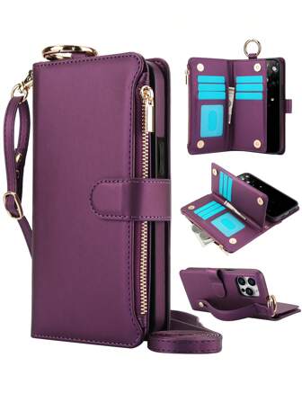 AWQUER 斜挎手机壳适用于 16E 16 15 14 Plus 13 12 Mini 11 Pro Max 8 7 Plus SE 2020 2022 带指环支架，PU 皮革拉链钱包式手机壳适用于 Galaxy S25 S24 S23 S22 S21 FE Plus Note 20 Ultra A16 A55 A15 A54 A14 A73 A53 A13 A72 A52 A71 A51 4G Z 折叠 6 5 4 3 5G 卡槽腕式设计手机包支架保护套