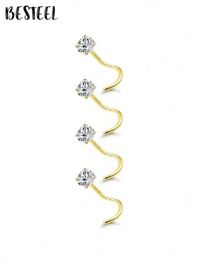 BESTEEL 1 pieza Pendiente de nariz de acero inoxidable de 20G, relleno de oro de 14K, aro de nariz con diamante CZ simulado redondo de 1,5-3mm, tipo L, hipoalergénico para perforación de nariz