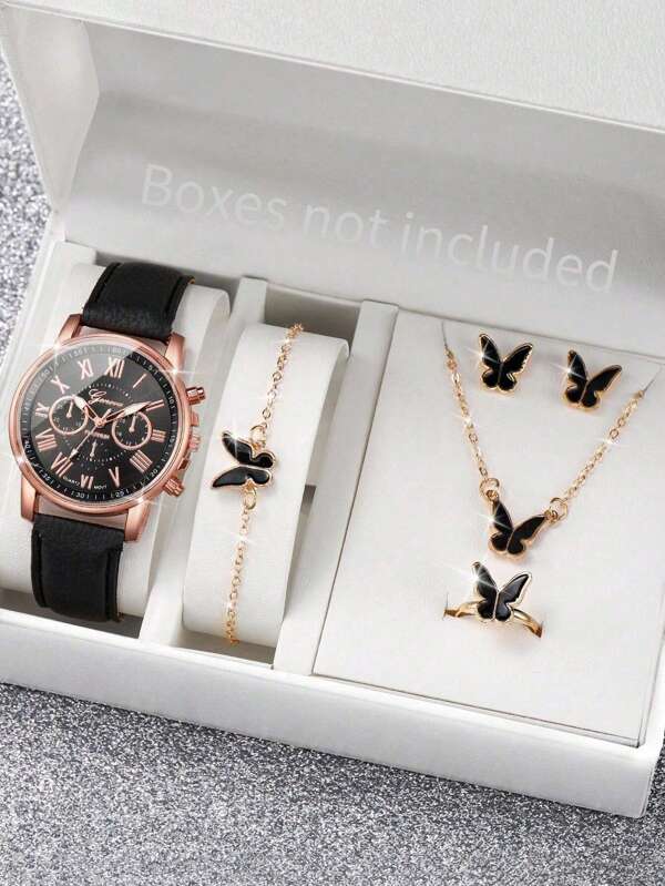 Juego de 6 piezas: reloj de cuarzo de niña con diseño lindo, collar de mariposa, aretes, pulsera y anillo como accesorio - Regalo para amigos