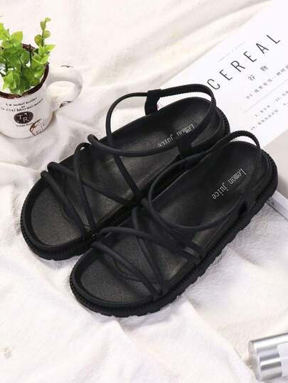 1對時尚紮帶設計女士休閒平底涼鞋，黑色防滑羅馬風格女士夏季拖鞋