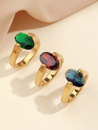 3入組不鏽鋼時尚簡約風格女款粉藍綠橢圓形立方氧化鋯戒指套裝，適用於女性日常佩戴或贈禮