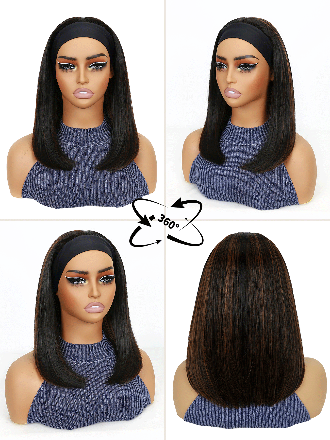 14英寸女士混合啡色漸層無粘劑短髮假髮帶，直髮合成耐高溫假髮帶，適用於日常和派對使用 - 棕色 - 查看 8